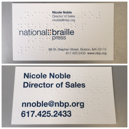 Front and back of braille business card